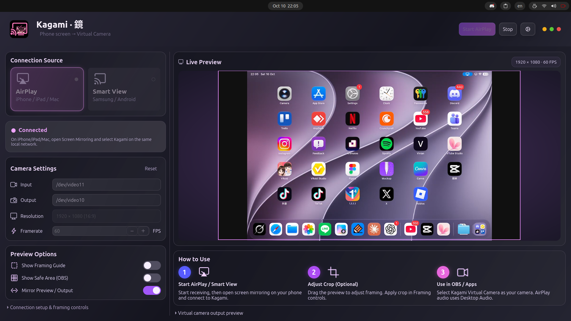 Kagami iPad screen mirroring into OBS Studio preview